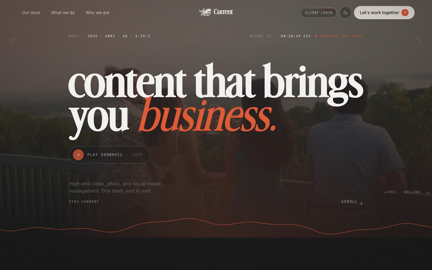 Current homepage: a full-bleed showreel still with the headline 'content that brings you business'