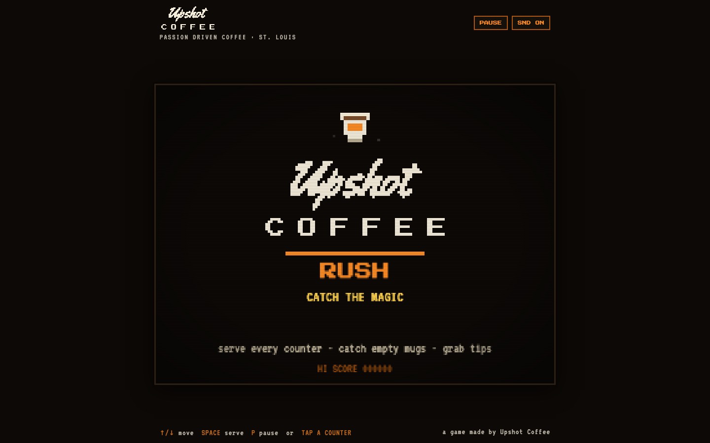 Upshot Coffee Rush title screen in 8-bit pixel art with the Upshot Coffee logo and 'Catch the magic'